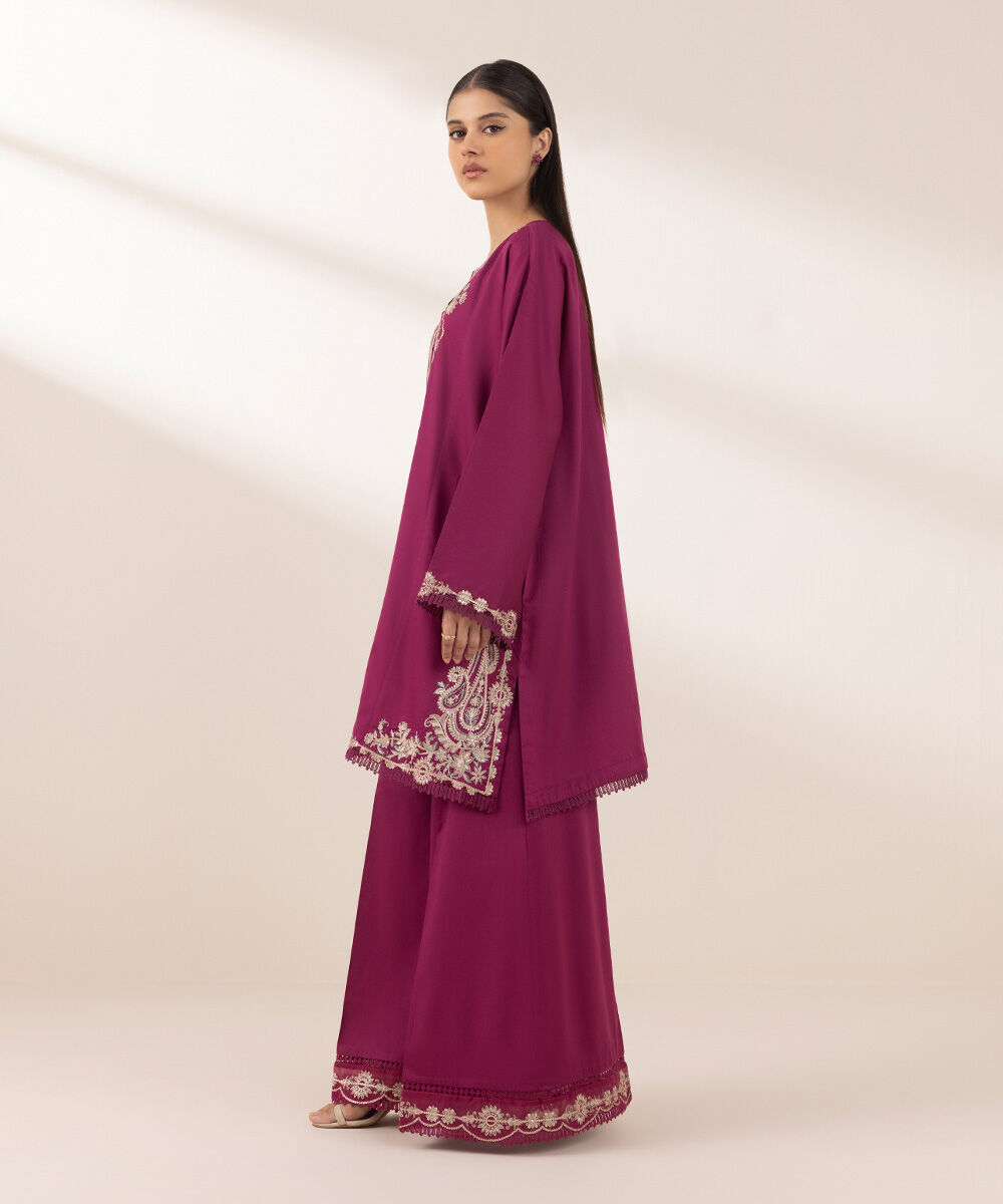 Women's Pret Cotton Satin Purple Embroidered Straight Shirt