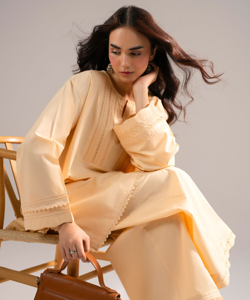 Women's RTW Poplin Solid Peach Drop Shoulder Shirt