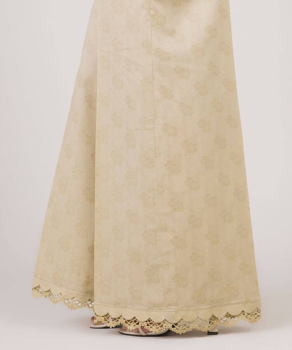 Women's RTW Cotton Jacquard Beige Solid Flared Pants