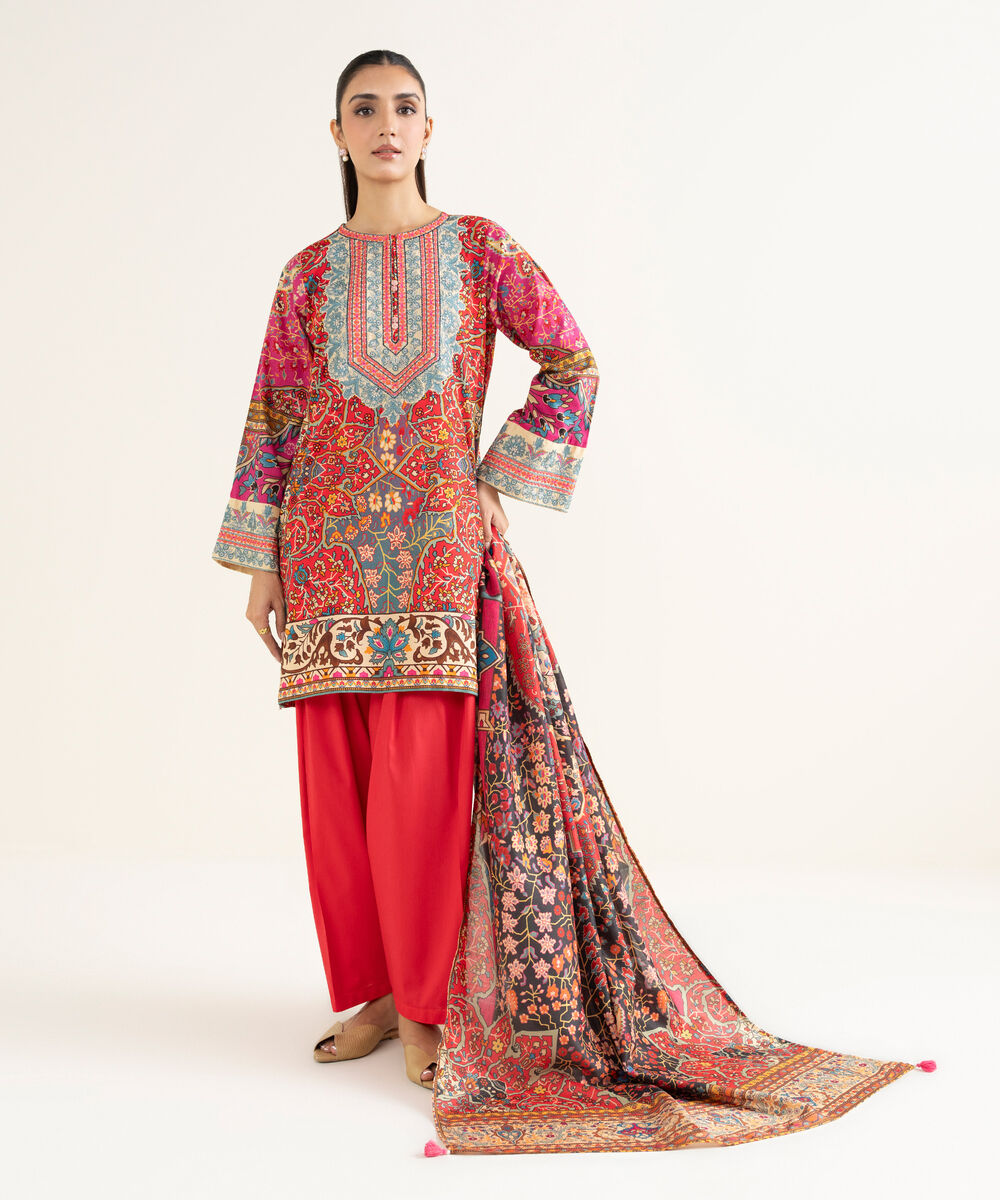 Women's RTW Linen Viscose Embroidered Red Straight Shirt