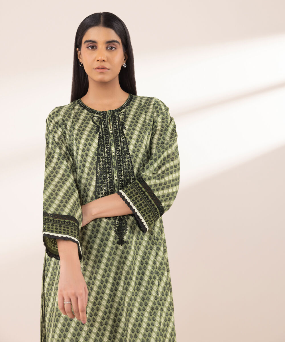 Women's RTW Lawn Green Embroidered A-Line Shirt