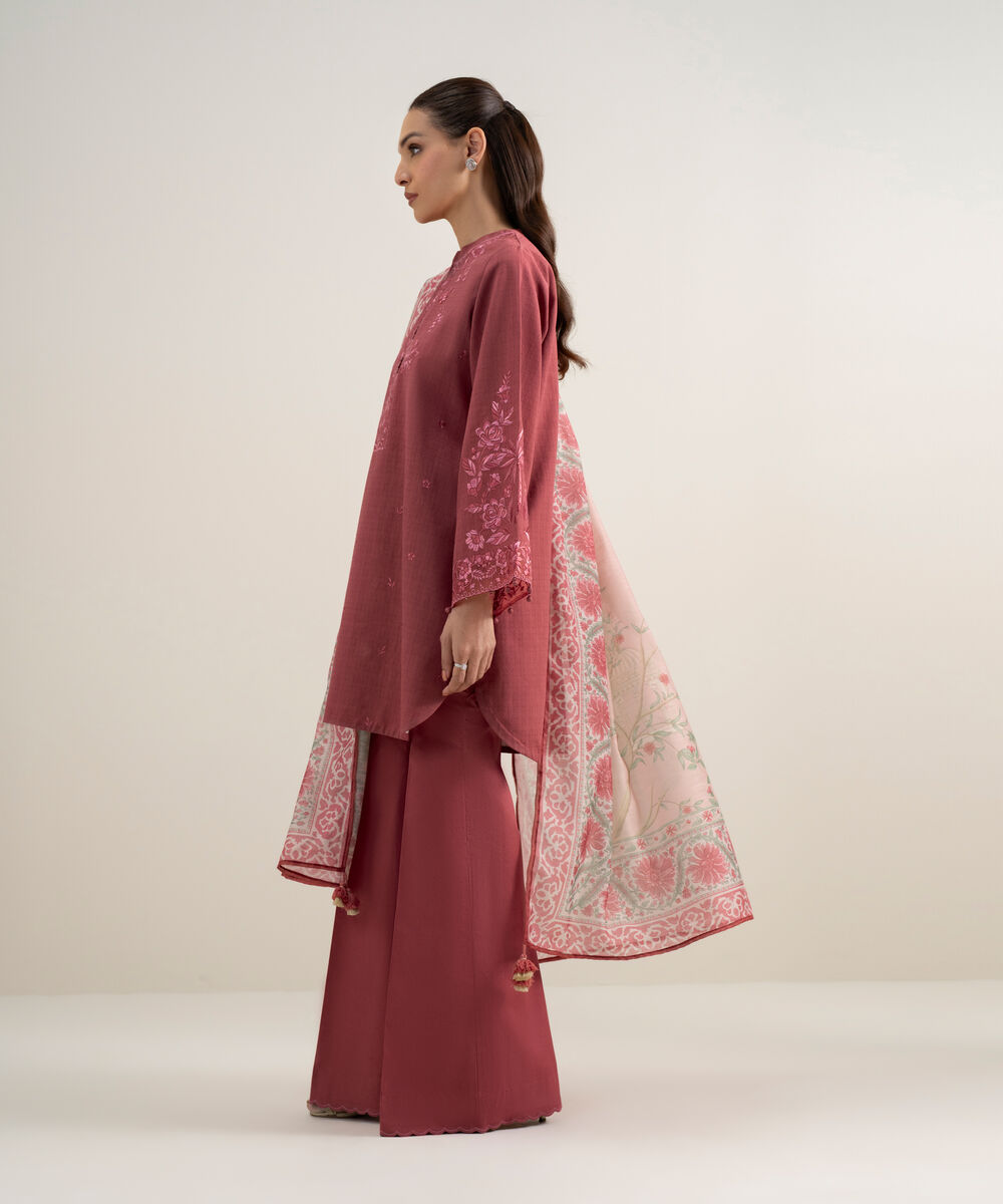 Women's Unstitched Dobby Embroidered Red 3 Piece Suit