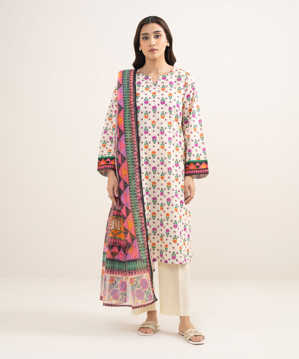 Women's RTW Slub Lawn Printed Multi 3 Piece Suit