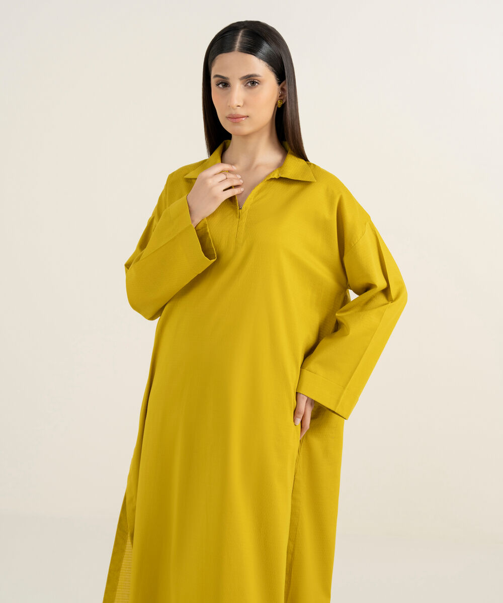 Women's RTW Textured Lawn Yellow Solid Drop Shoulder Shirt