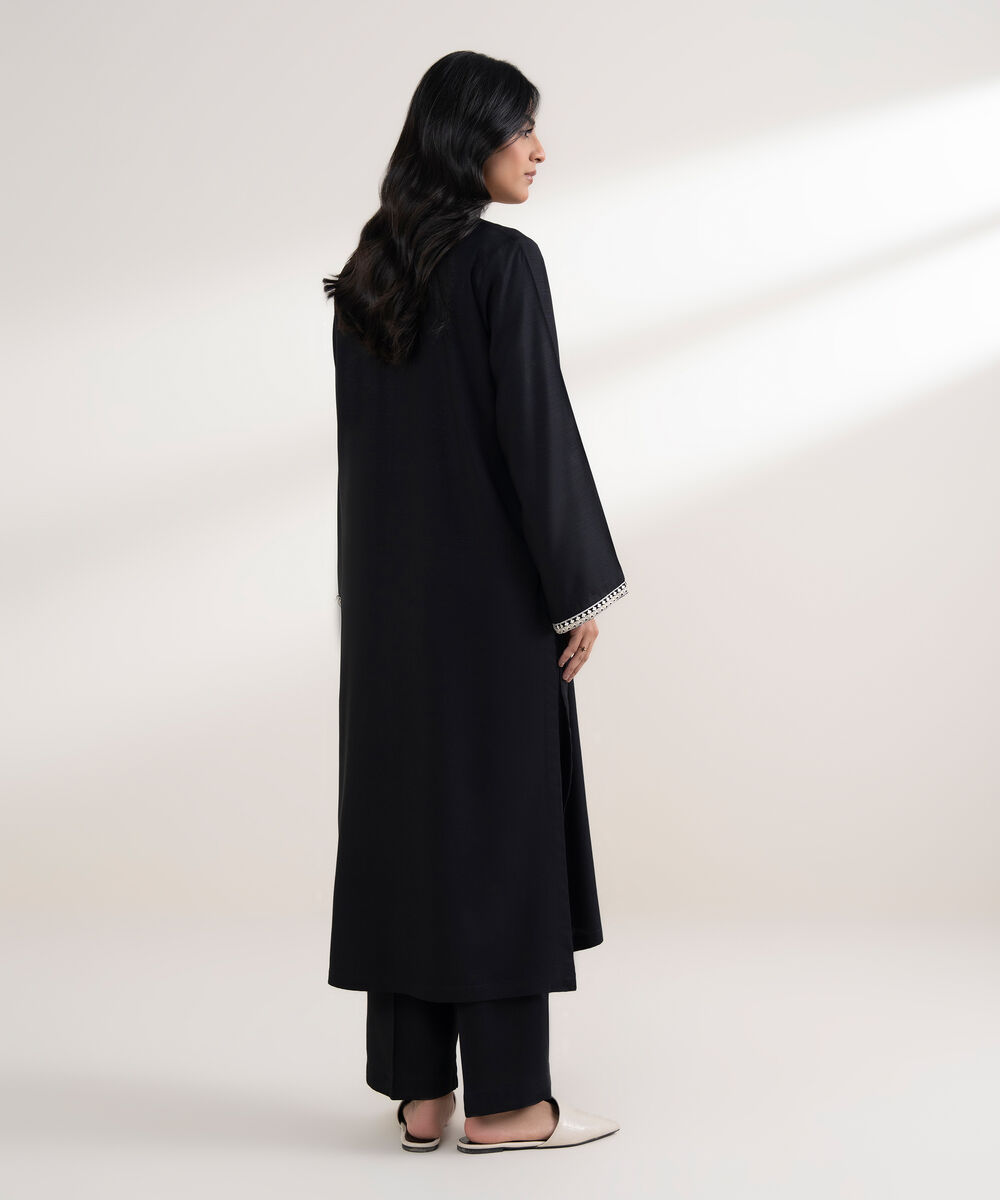 Women's RTW Arabic Khaddar Embroidered Black Straight Shirt