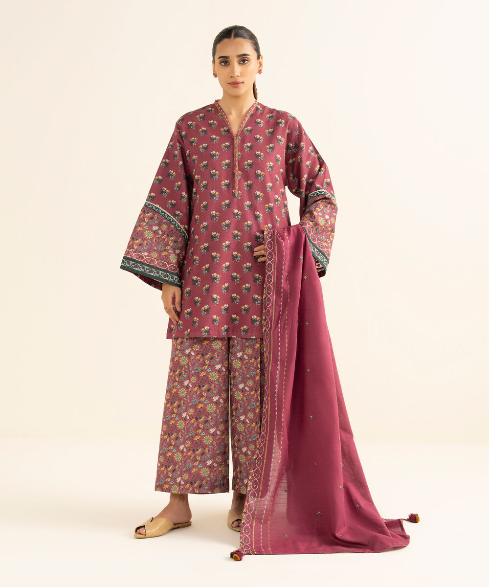 Women's Unstitched Light Khaddar Embroidered Red 3 Piece Suit