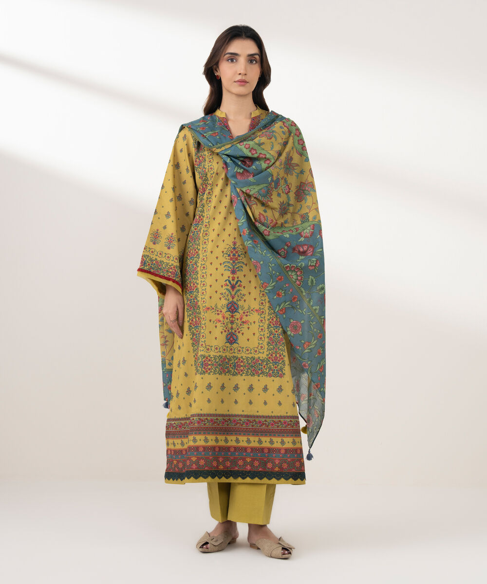 Women's Unstitched Lawn Printed Yellow 3 Piece Suit