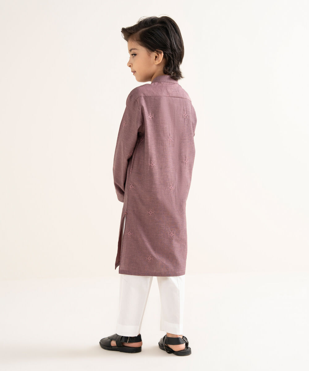 Men's Yarndyed Wash & Wear Embroidered Purple Kurta