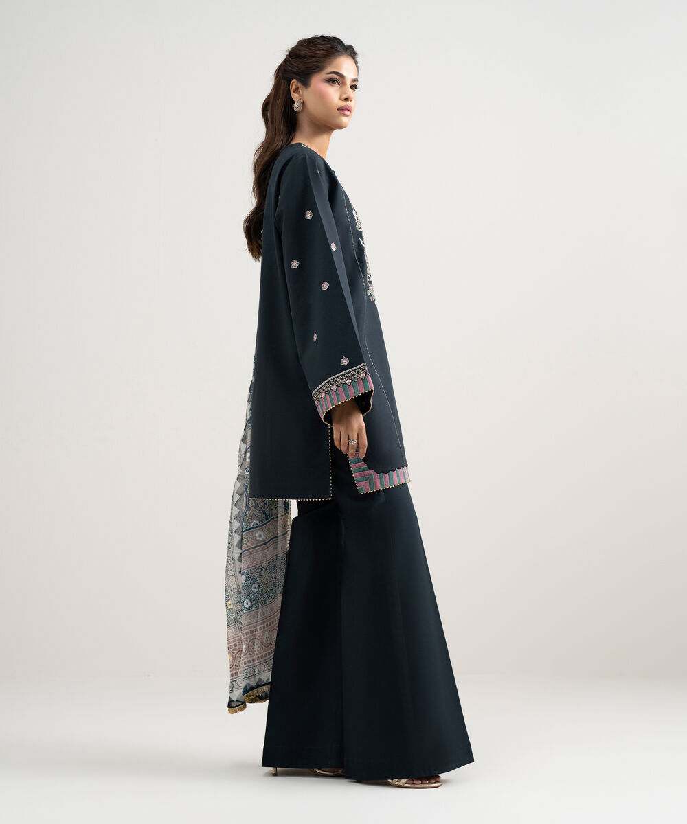 Women's Unstitched Lawn Embroidered Black 3 Piece Suit