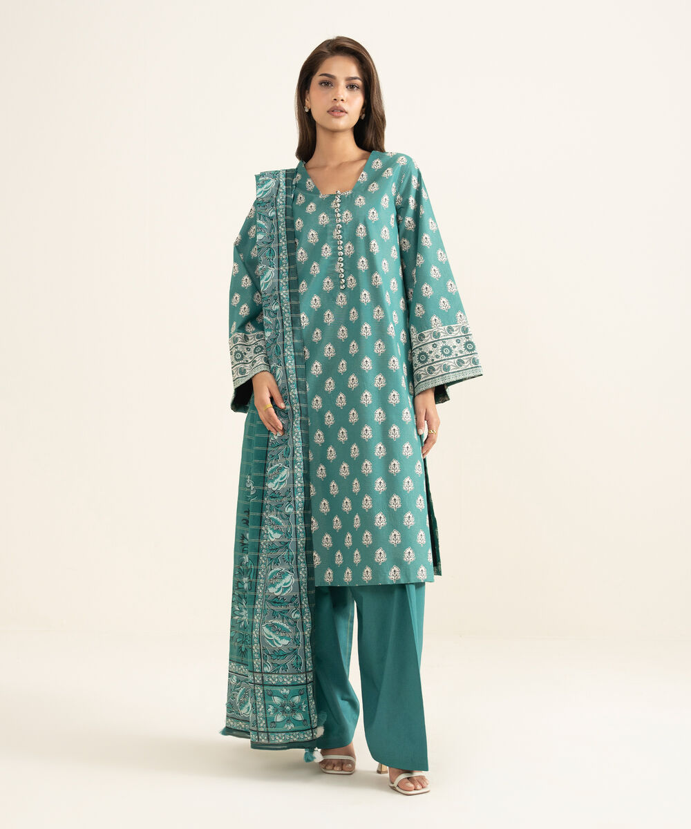 Women's Unstitched Zari Lawn Printed Green 3 Piece Suit