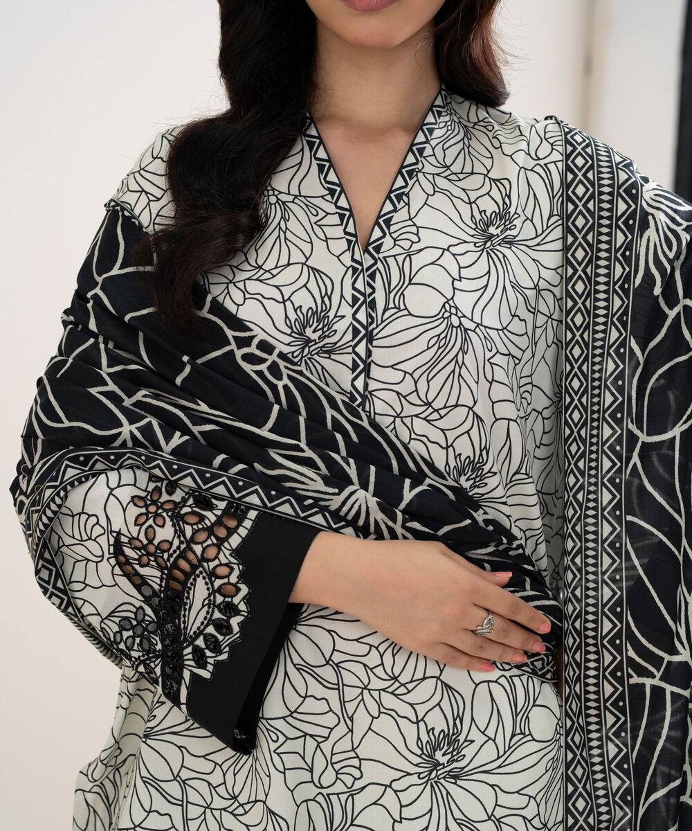 Women's Unstitched Lawn Embroidered Off White