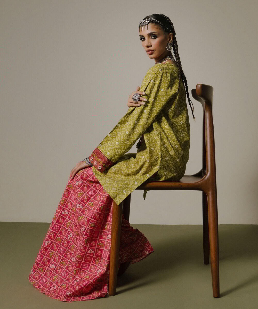 Printed Cambric Gharara Women's RTW Cambric Pink Printed Trousers