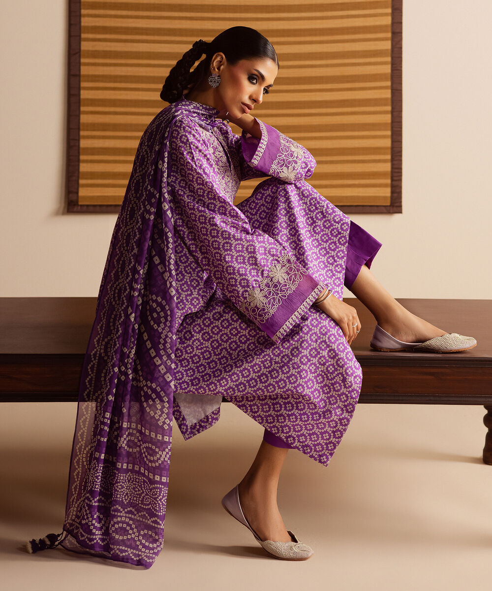 Women's Unstitched Dobby Embroidered Purple 3 Piece Suit