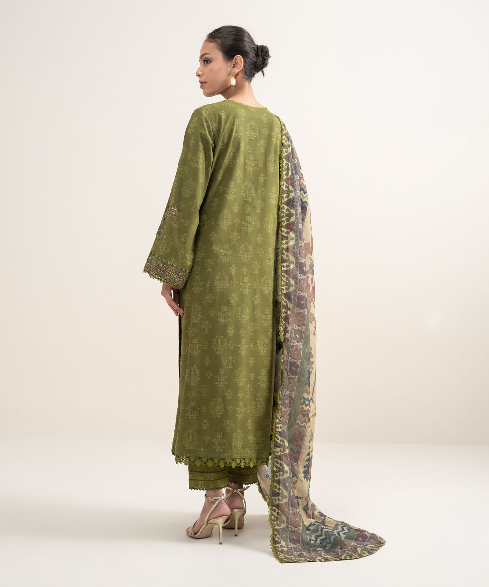 Women's Unstitched Lawn Embroidered Olive Green 3 Piece Suit
