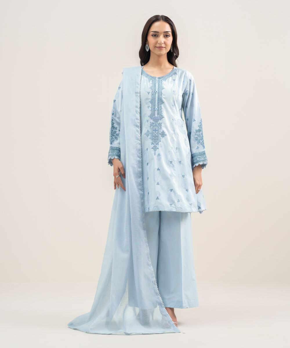 Women's RTW Lawn Embroidered Ice Blue 3 Piece Suit