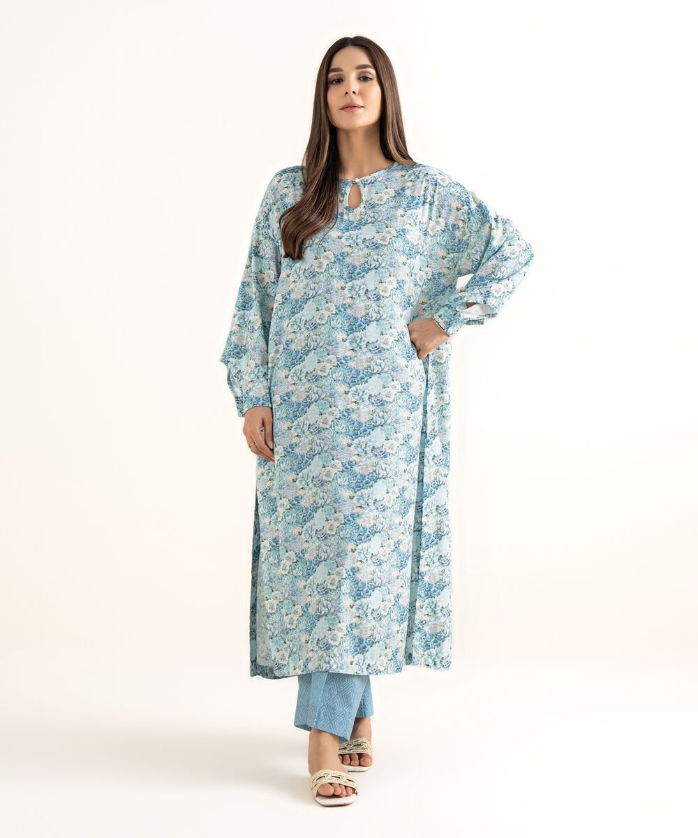Women's RTW Arabic Lawn Blue Printed Straight Shirt