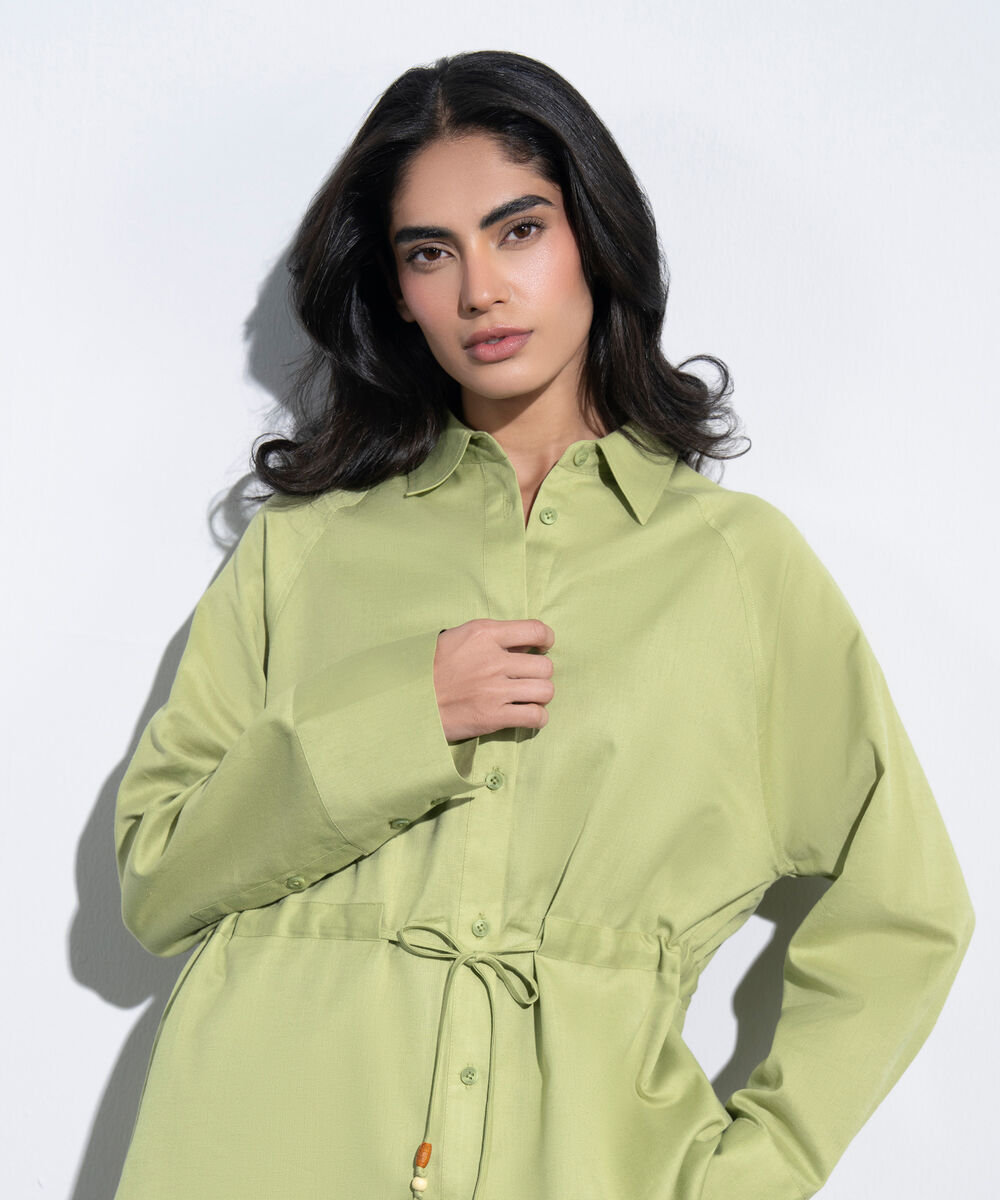 Women's Western Green Linen Blend Shirt With Waist Drawcord