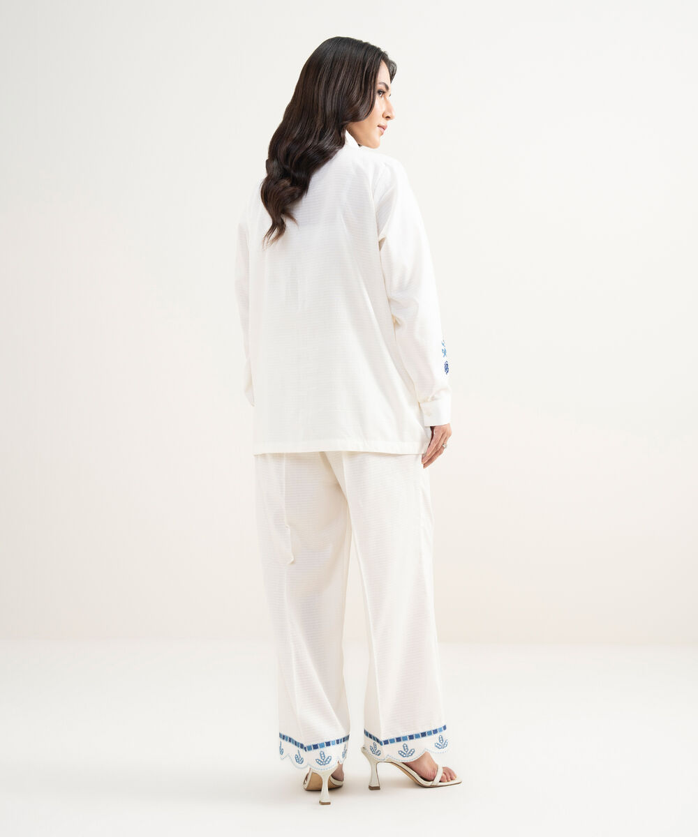 Women's RTW Dobby Embroidered Off White Straight Shirt