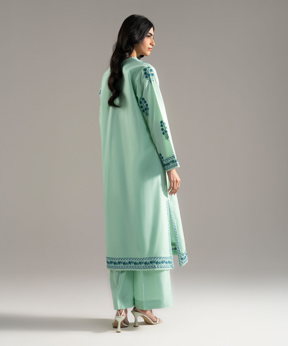 Women's RTW Solid Embroidered Cambric Green A-Line Shirt