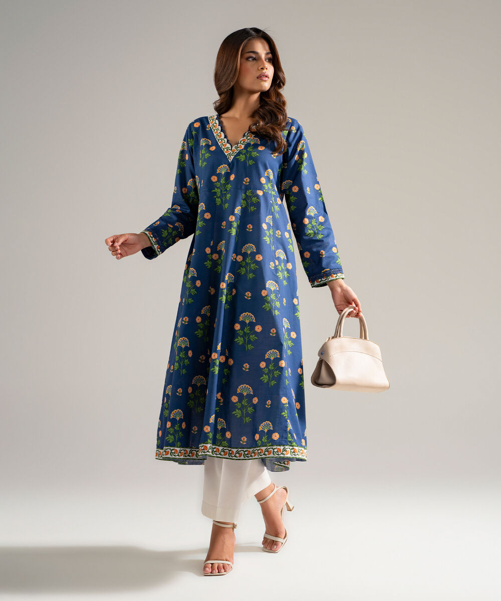 Women's RTW Slub Lawn Printed Dark Blue Peshwas