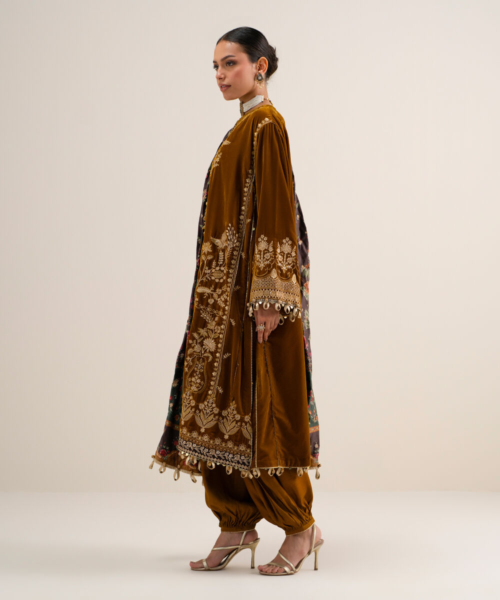 Women's Unstitched Embroidered Velvet Brown 3 Piece Suit