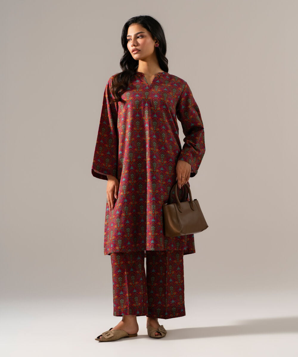 Women's RTW Khaddar Printed Maroon 2 Piece Suit