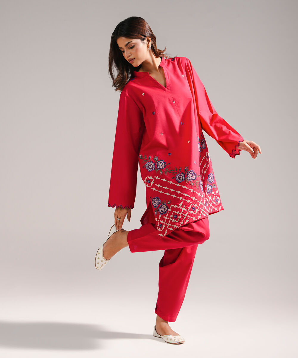 Women's RTW Slub Lawn Embroidered Red Straight Shirt