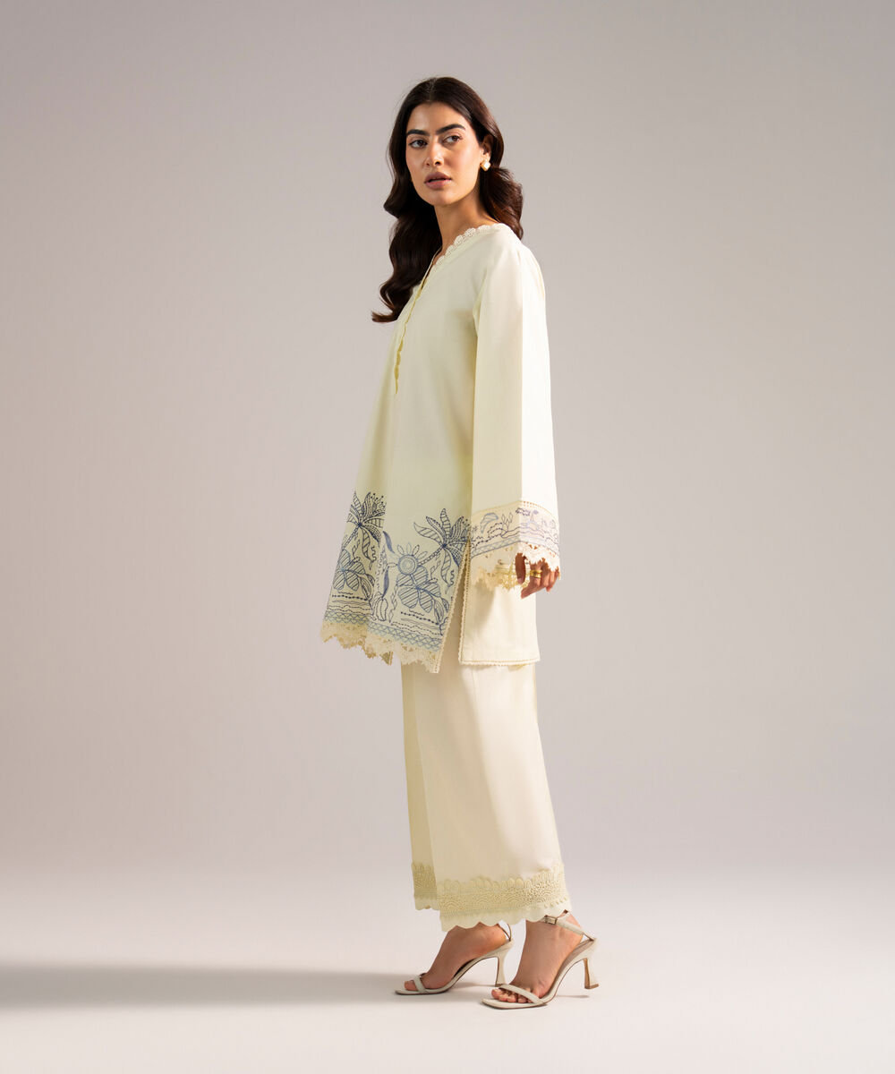 Women's RTW Cotton Viscose Embroidered Off White Straight Shirt
