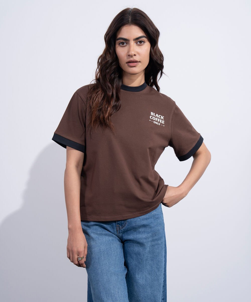 Women's Western Brown Ringer T-Shirt With Graphic