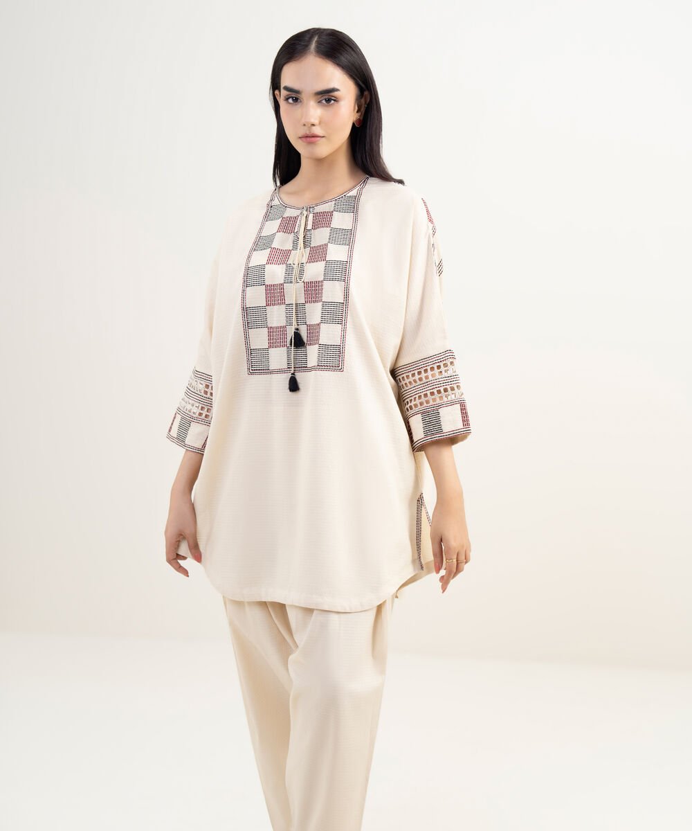 Women's RTW Dobby Embroidered Off White Drop Shoulder Shirt