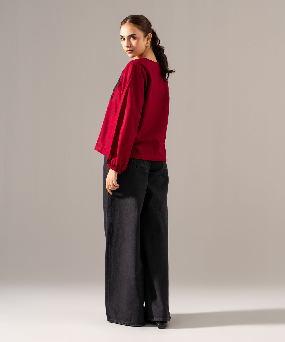 Women's RTW Khaddar Solid Embroidered Maroon Straight Shirt