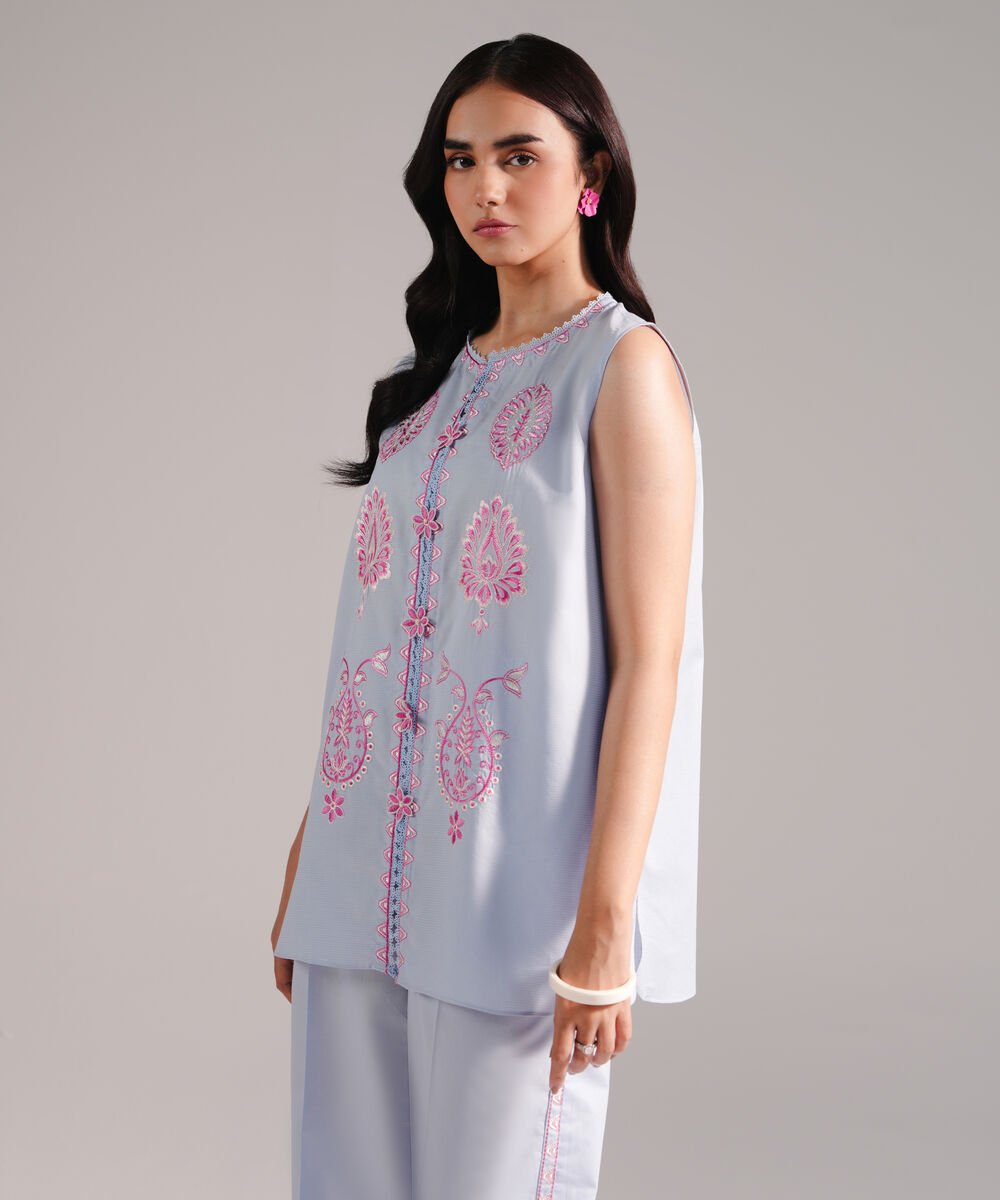Women's RTW Zari Lawn Embroidered Ice Blue Straight Shirt