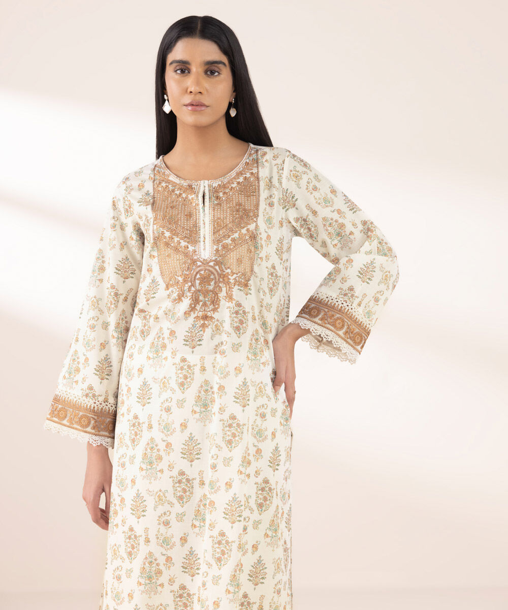 Women's RTW Textured Lawn Beige Embroidered A-Line Shirt