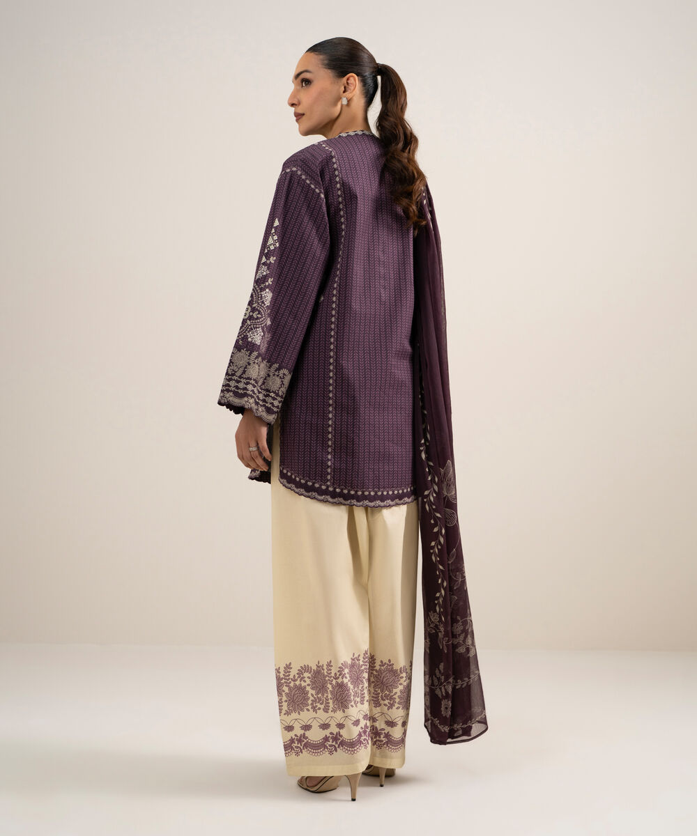 Women's Unstitched Cotton Printed Purple 3 Piece Suit