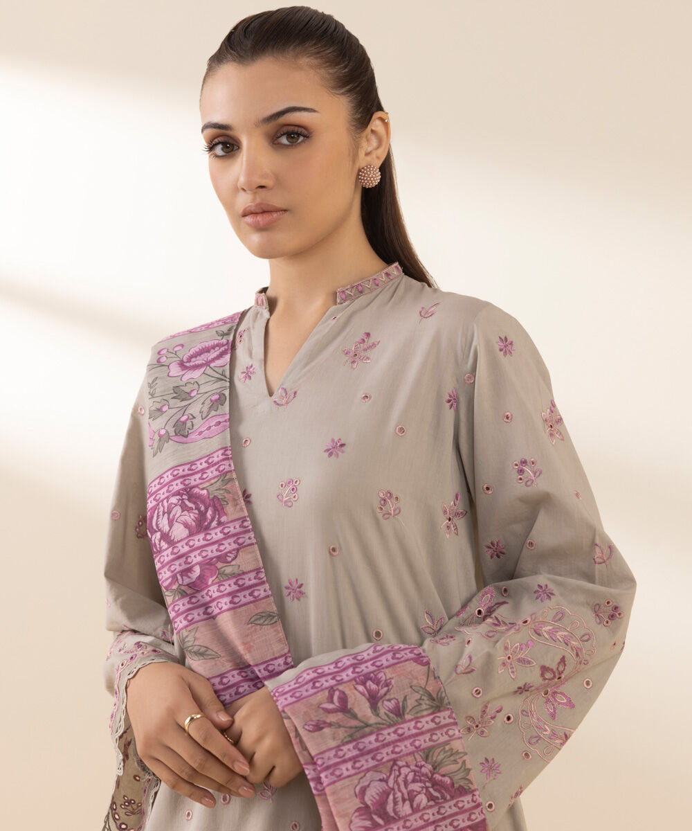 Womens Unstitched Embroidered Beige Three Piece Lawn Suit