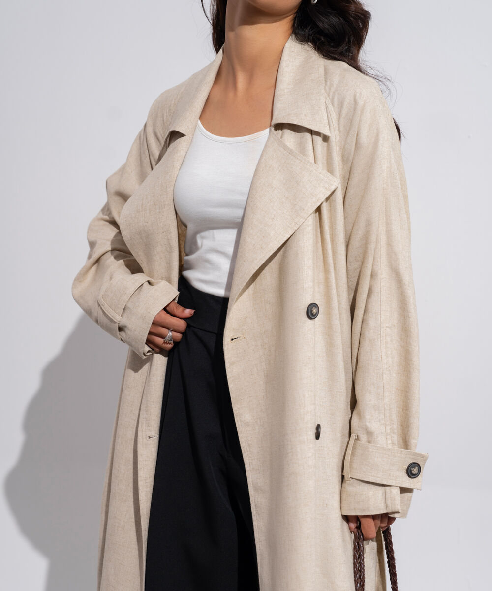 Women's Western Wear Linen Blended Beige Trench Coat