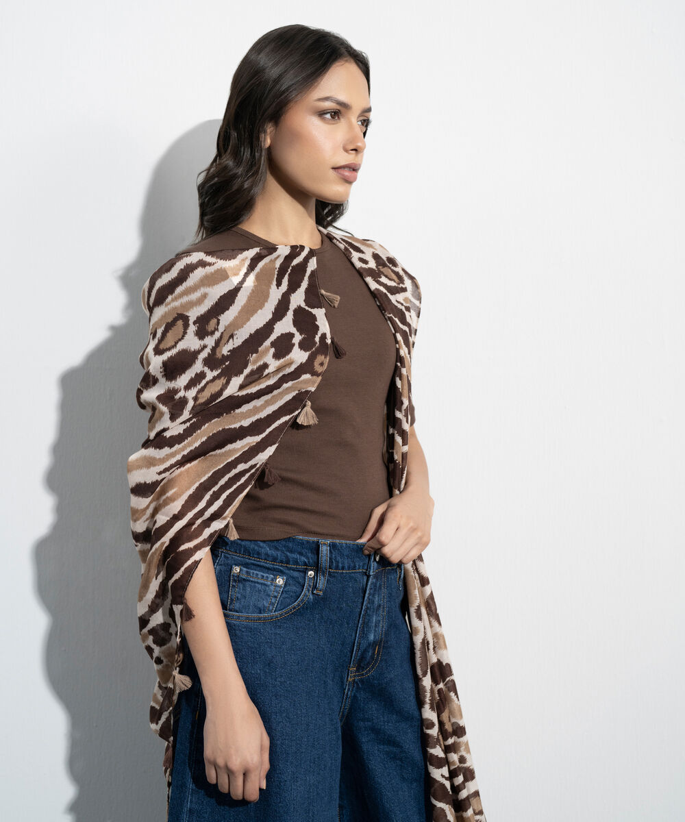 Women's Western Brown Printed Rectangular Scarf