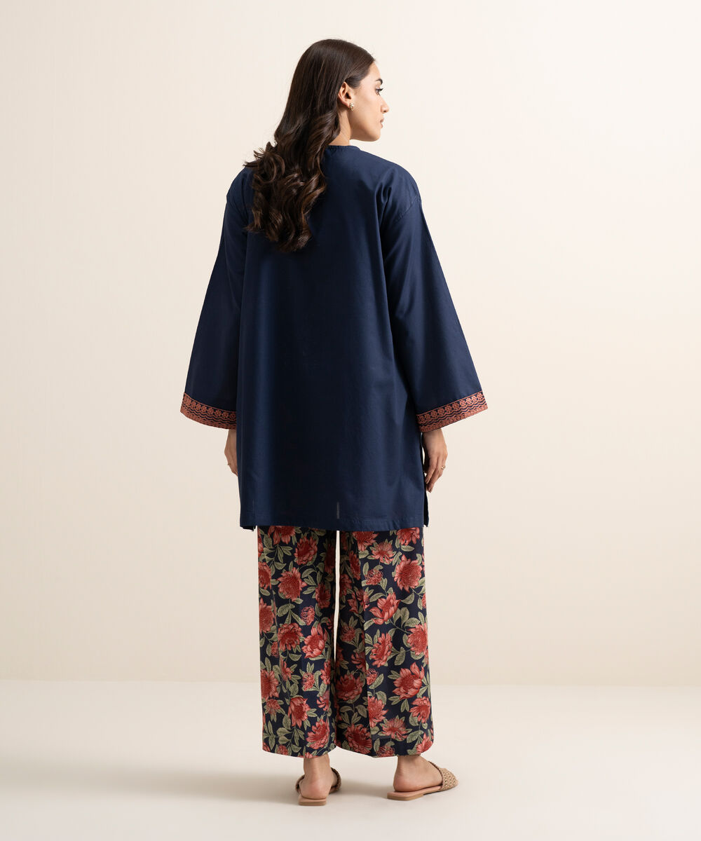 Women's RTW Cambric Embroidered Blue Drop Shoulder Shirt