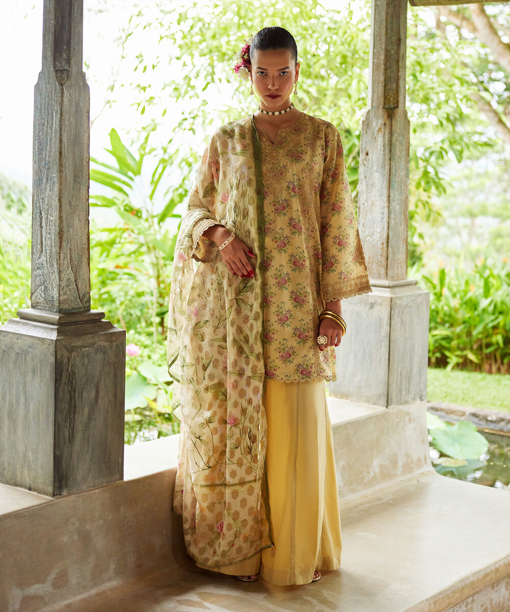 Women's RTW Zari Lawn Embroidered Yellow 3 Piece Suit