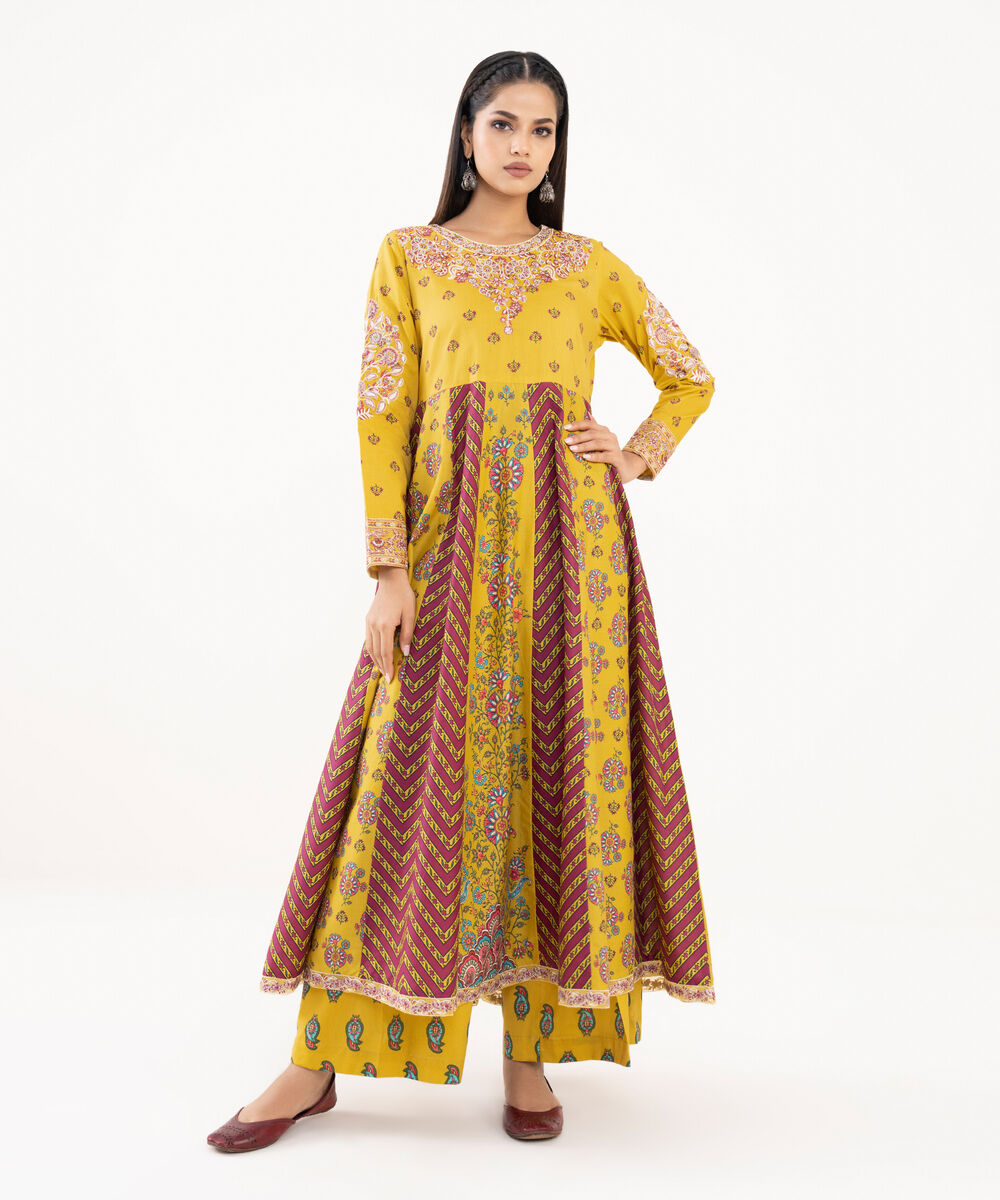 Women's RTW Lawn Viscose Yellow Embroidered Pishwas