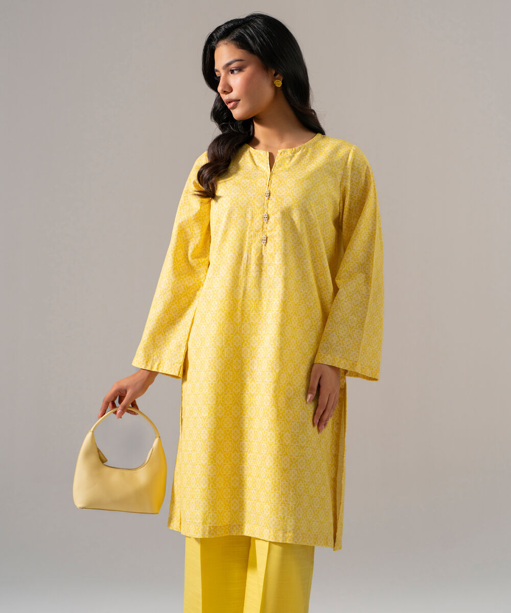 Women's RTW Khaddar Printed Pale Yellow Straight Shirt