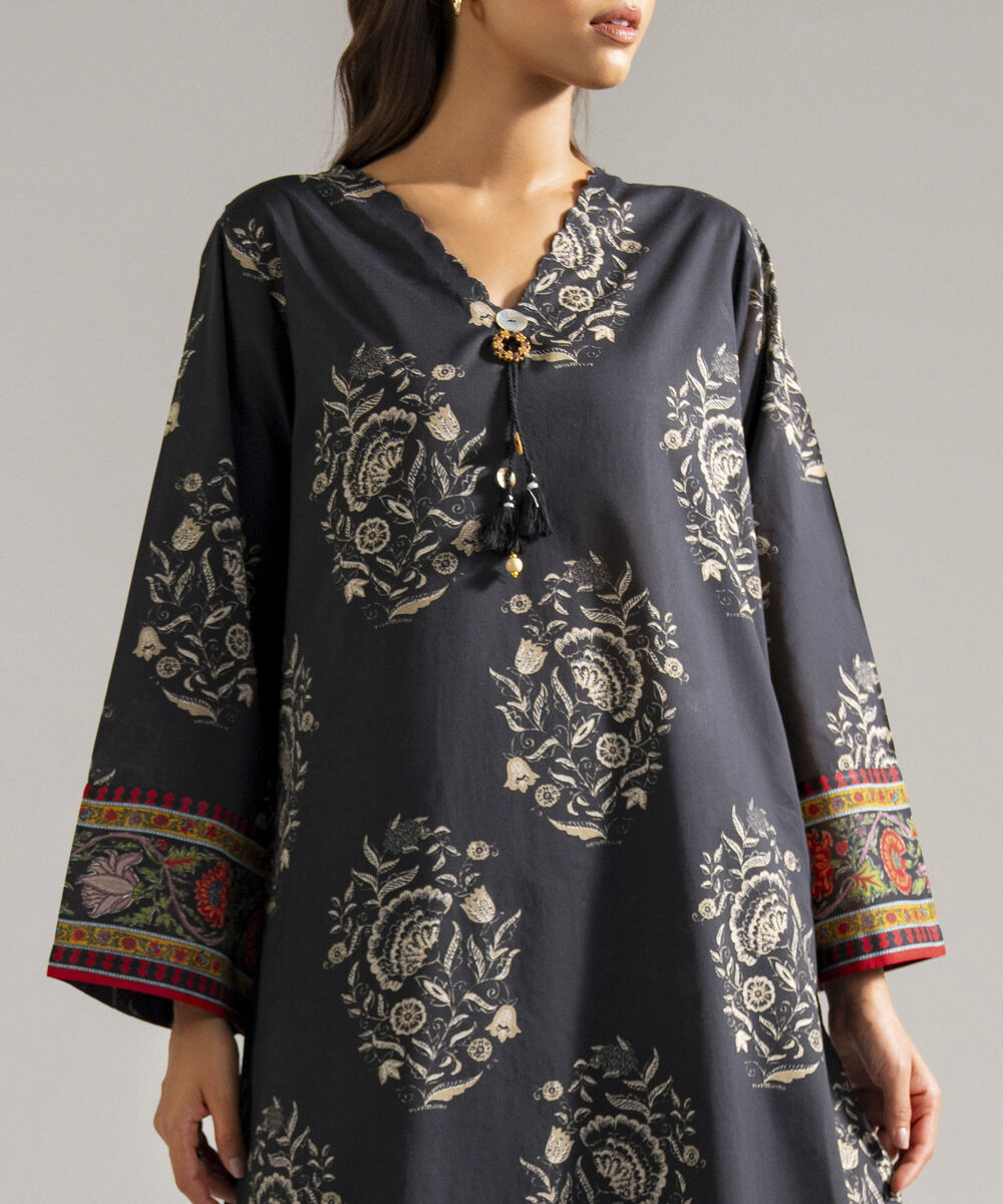 Women's RTW Lawn Printed Black Straight Shirt