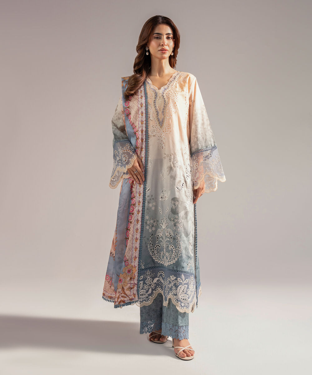 Women's RTW Self Jacquard Embroidered Beige 3 Piece Suit