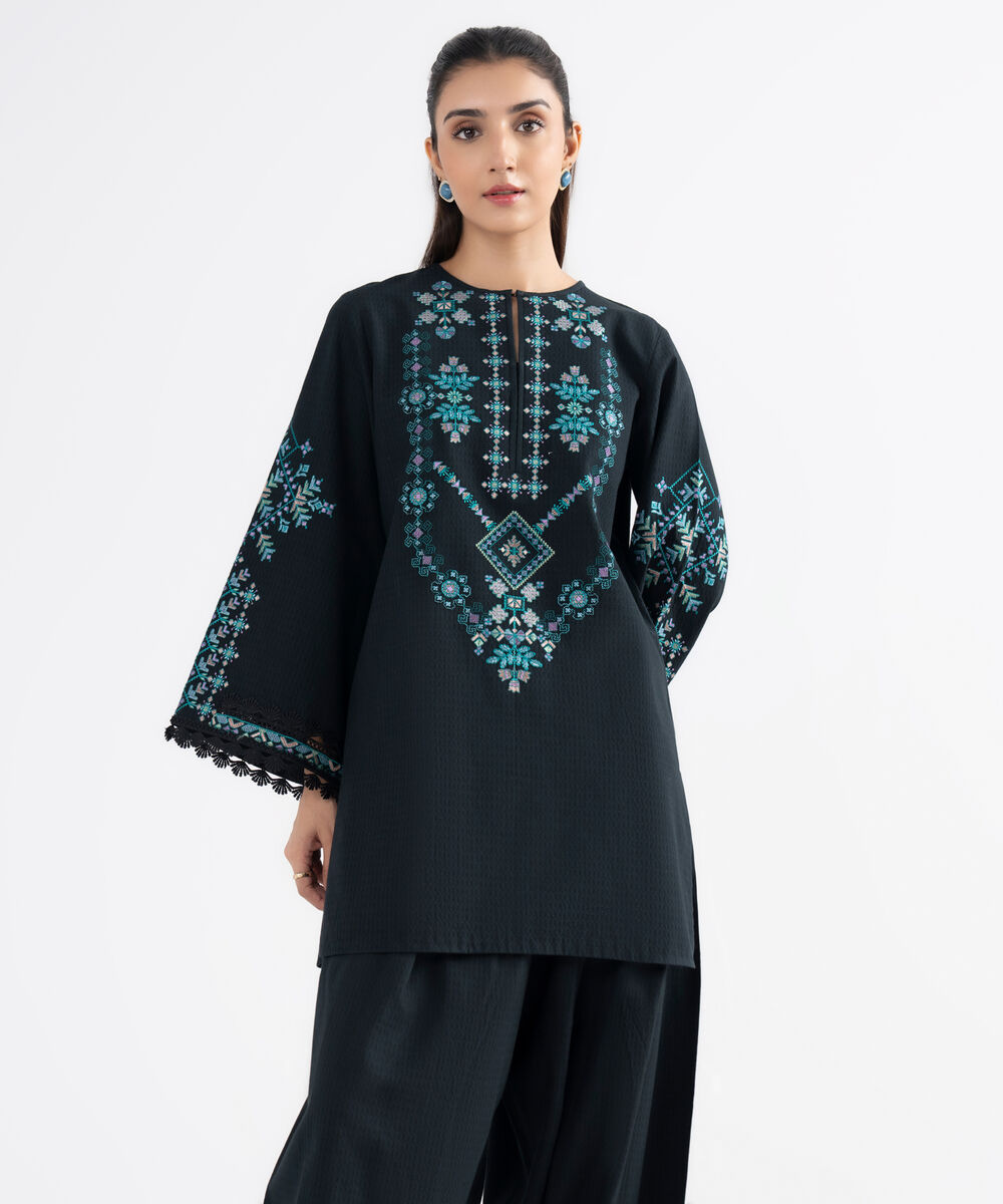 Women's Unstitched Dobby Embroidered Black 2 Piece Suit