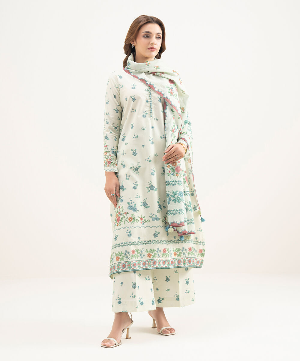 Women's Unstitched Zari Lawn Printed Off White 3 Piece Suit