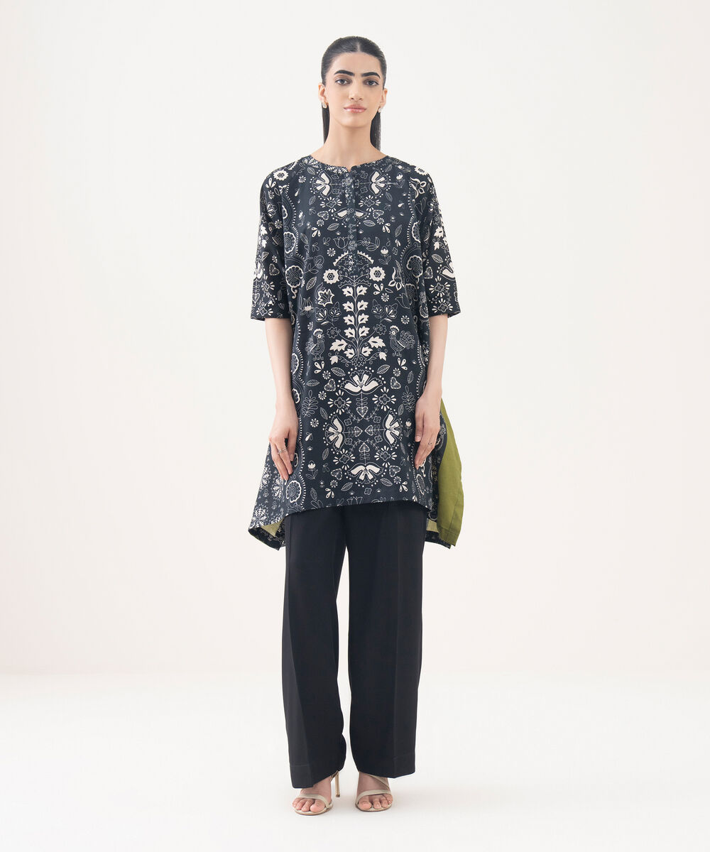 Women's RTW Cotton Viscose Black Printed Drop Shoulder Shirt