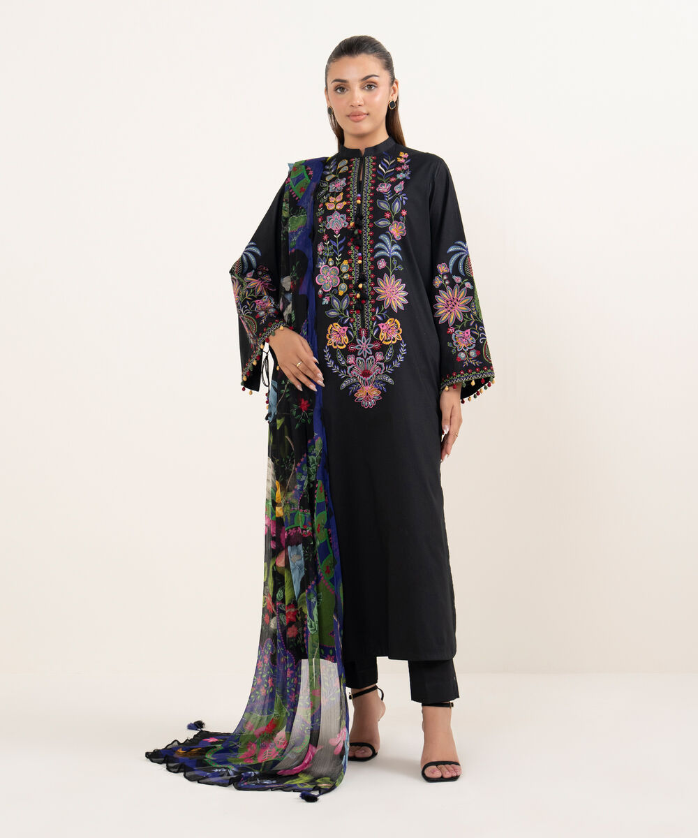 Women's Unstitched Textured Lawn Embroidered Black 3 Piece Suit