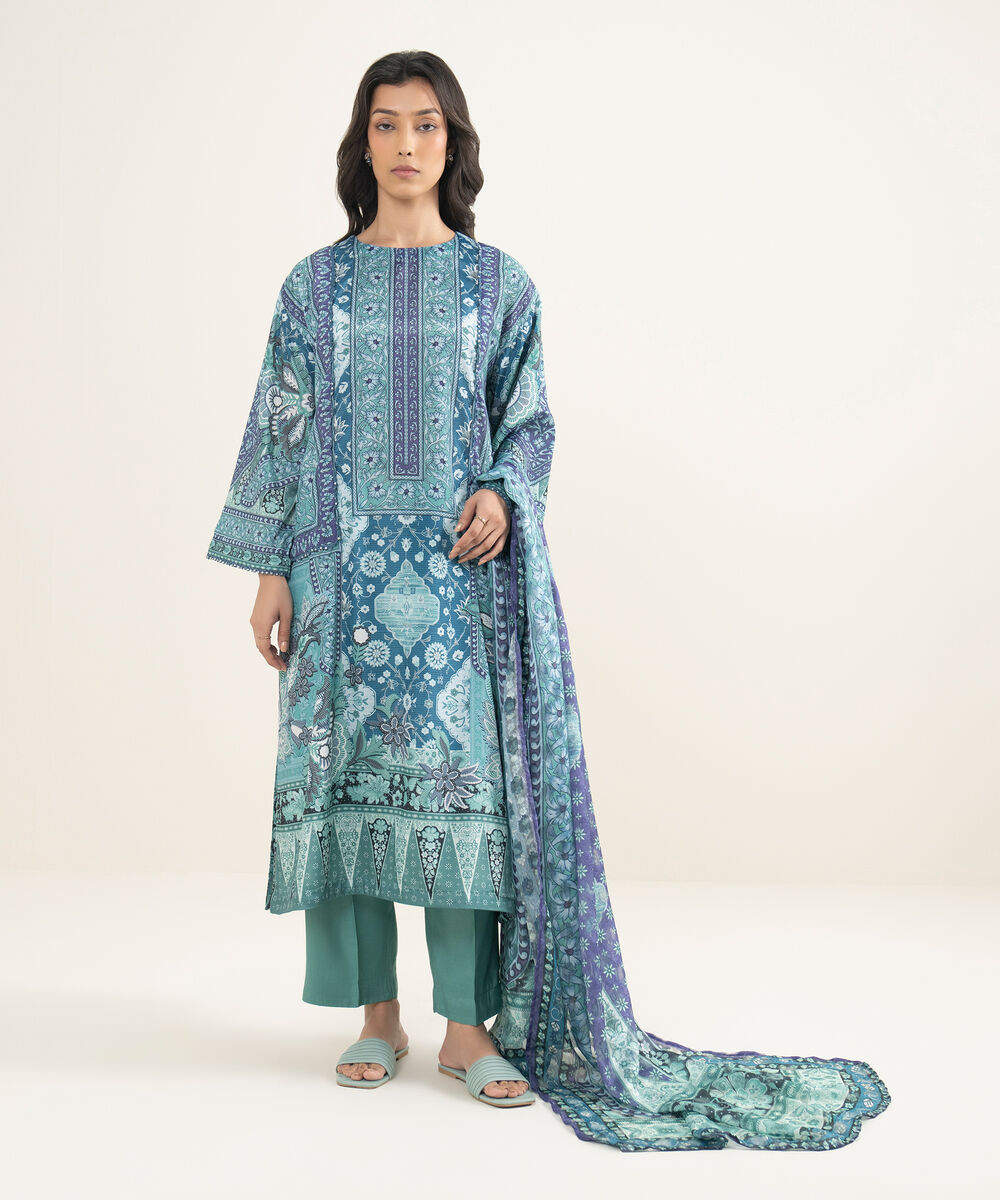 Women's RTW Blended Grip Silk Printed Green 3 Piece Suit