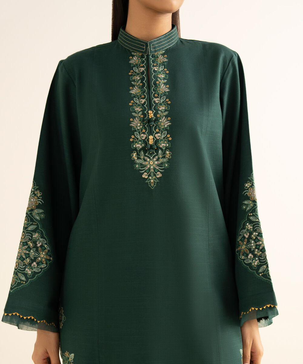 Women's Unstitched Cotton Embroidered Green 3 Piece Suit