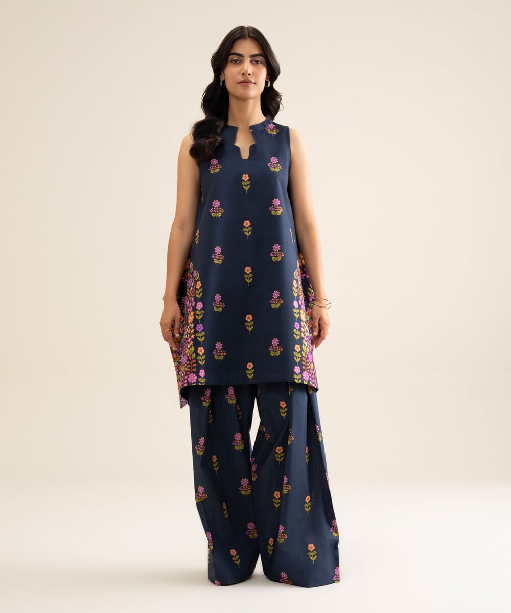 Women's Unstitched Cotton Printed Navy Blue 2 Piece Suit